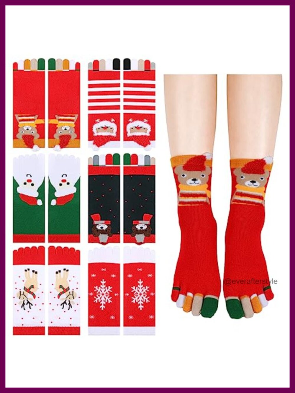 6 Pairs Christmas Toe Socks 100% Cotton Crew Length Fun Holiday Socks